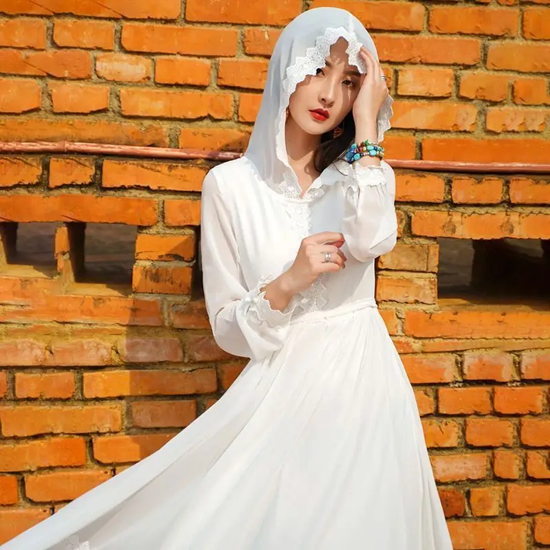 

Длиннее платье для туристических каникул, красное сказочное шифоновое платье с большими качелями, пляжное платье с капюшоном, женские солнцезащитные белые платья с длинными рукавами XXXL