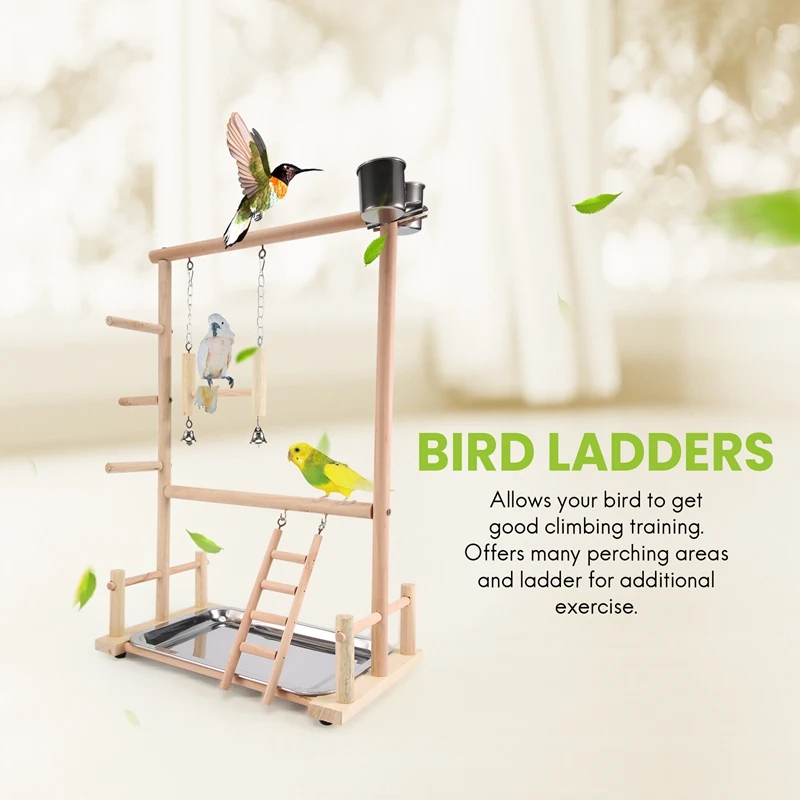 Parrots Playground,Natural Wooden Parrot Perch Gym Play Stand Parakeet Ladders With Feeder Cups And Toys Exercise Play