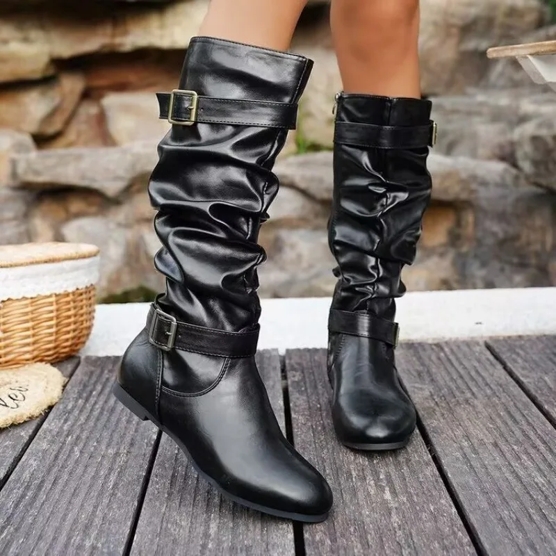 2025-design-plissado-salto-baixo-joelho-botas-altas-mulheres-retro-botas-ocidentais-fivela-cinta-decoracao-ziper-botas-longas-femininas-botas-mujer