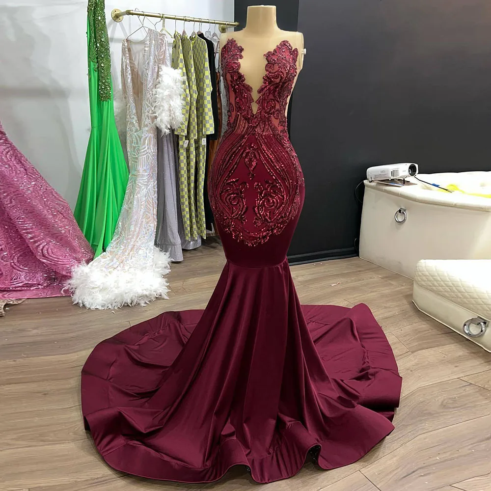 

Dark Red Prom Dresses Mermaid Sparkly Girl Graduation Wear Wedding Party Gowns Customized