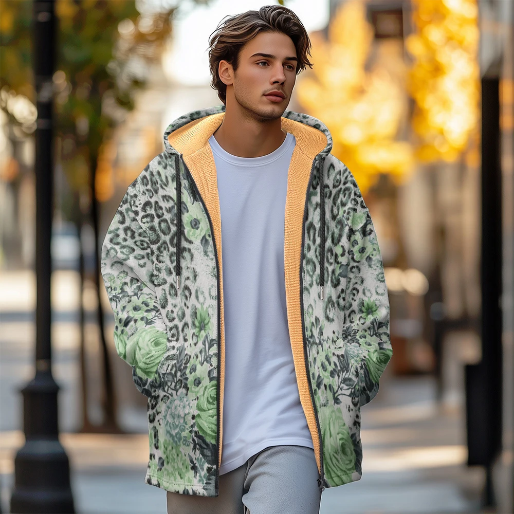 Man winter clothing, New in Down Coats, Green flowers dot graffiti design cotton-padded jacket clothing, feather pocket zipper