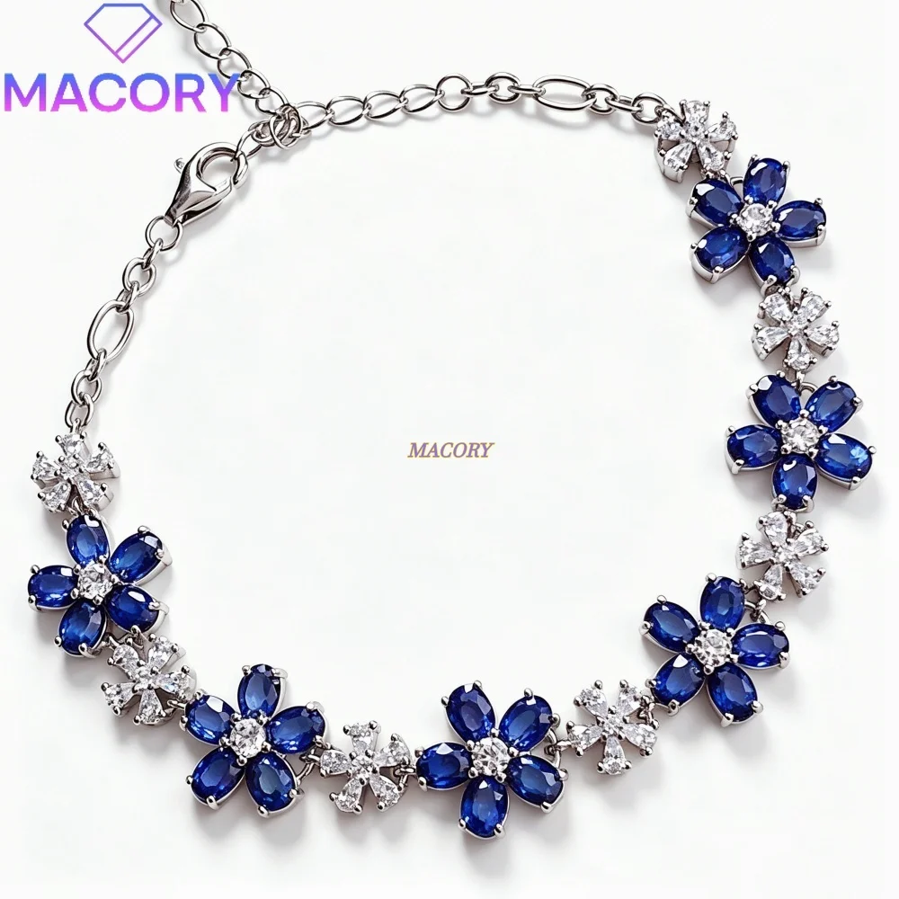 Natural sapphire bracelet with S925 sterling silver flower design stackable delicate and fresh style Valentine's Day gift