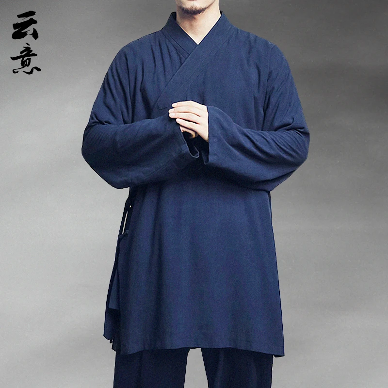 

Мужская длинная халатная рубаха Ханьфу из хлопка и льна, средней длины, в древнем стиле, одежда для буддийских мирян, летняя повседневная одежда