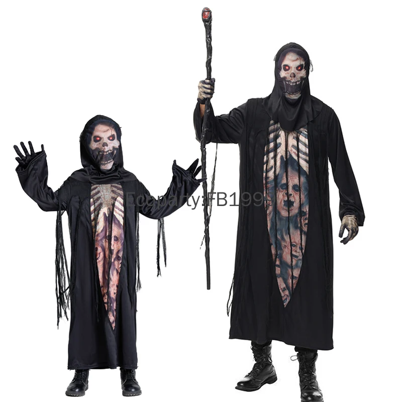 

2025 Adult Kids Halloween Horror Skeleton Ghost Cosplay Costume Black Monster Demon Grim Reaper Cosplay Robe Halloween Costumes