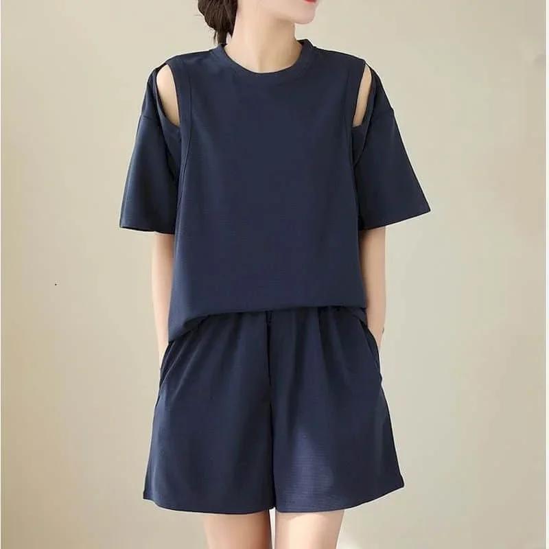 

Artistic Shorts Sets Loose Solid Korean Style Short Sleeve T-shirt and Elastic Waist Shorts Two Piece Sets Casual Women Clothing