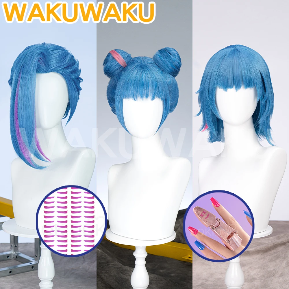 Jinx Wig Cosplay Anime Arcane Cosplay WakuWaku Women Heat Resistant lol Jinx Cosplay Tattoo Finger Cots Free Cap Christmas LOL