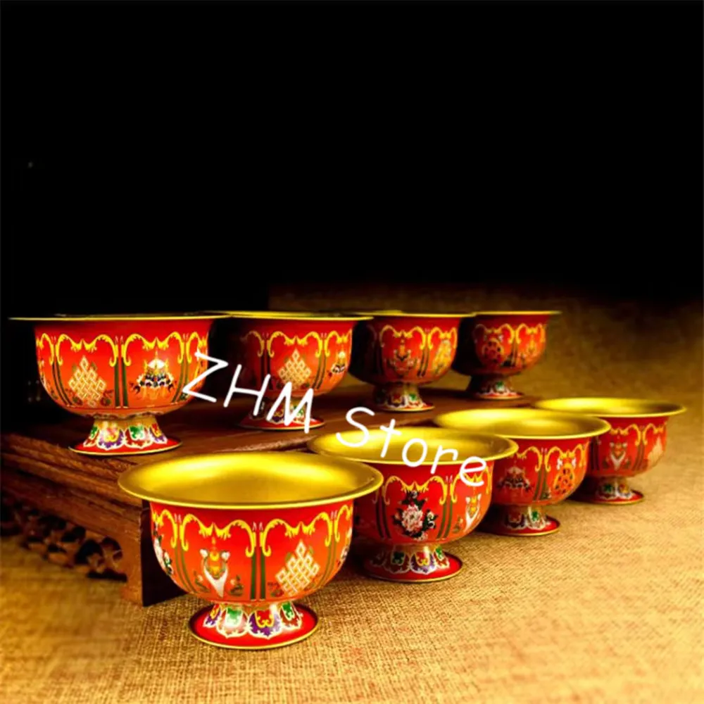 8pcs/Set Alloy Metal Tibetan Supply Buddhist 6cm Hand Painted Craft Eight Auspicious Symbol Sacrifice Cleaned Bowel/Cups Sets