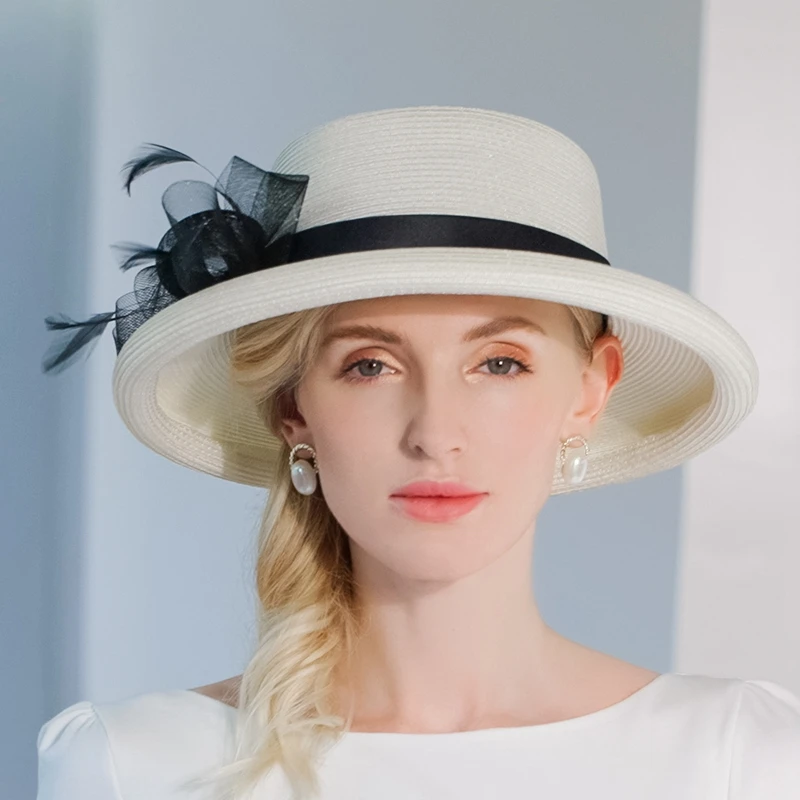 X4139 New Elegant Fashion Bowknot Feather Foldable Sunscreen Hat Lady Wide Brim Summer Bucket Straw Hat Adult Panama Hats