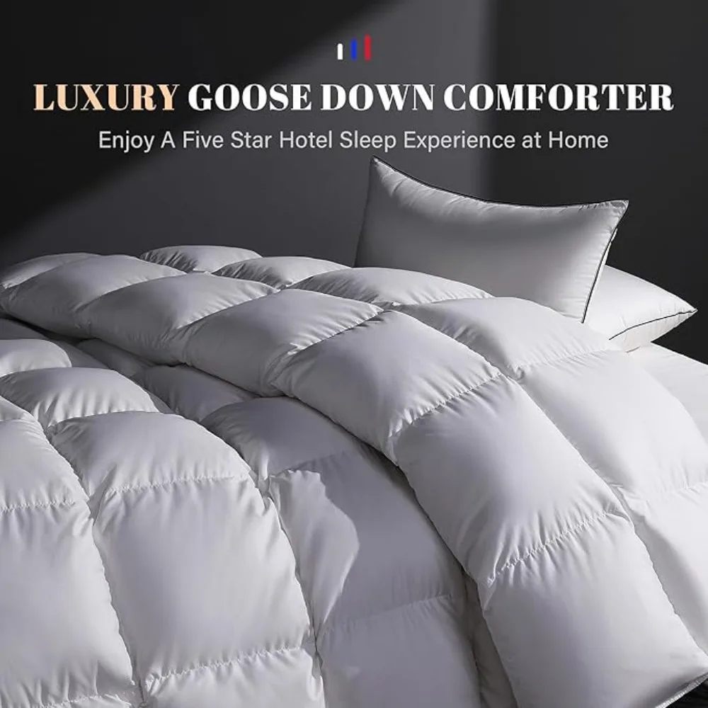 Luxury Feather Down Fiber Comforter King Size Duvet Insert, All Season True Baffle-Box Noiseless Bedding Comforters - White