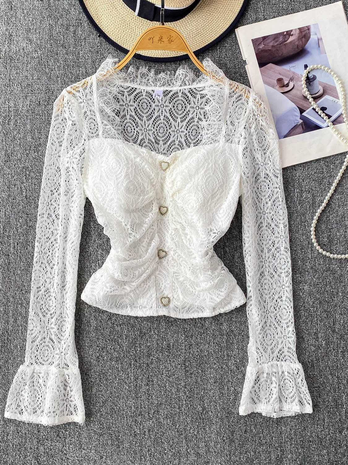 Pure Desire Sexy Women's Lace irt Square Collar Bell Sve ort Slim Fit with Chest Pad Korean Sle Commute Faion