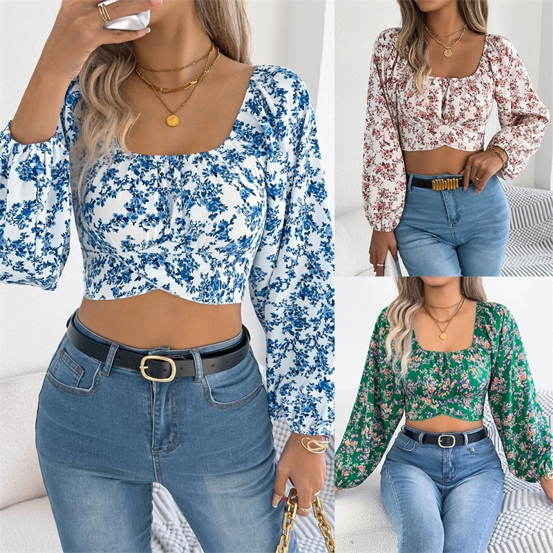 

2025 Early Autumn Floral Print Lantern Sleeve Tie Waist Chiffon Crop Top Women Fashion Blouse Casual Party Wear Trendy Tops