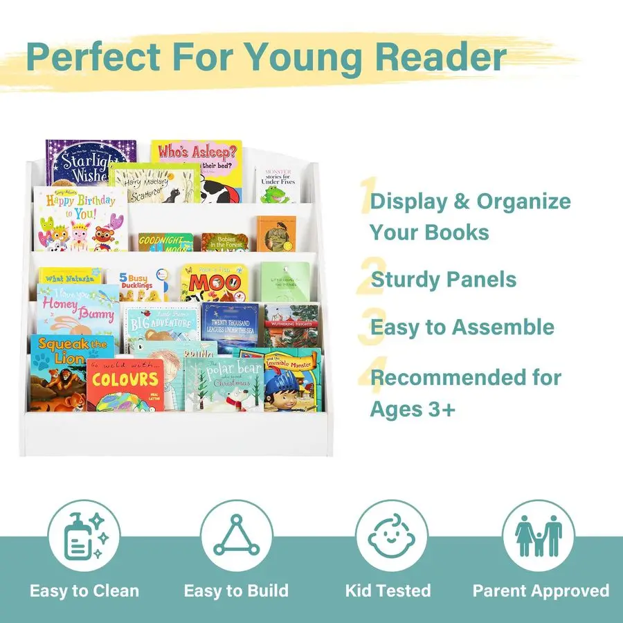 Estante infantil de 5 camadas, prateleiras de exibição de livros para salas de aula, salas de jogos e berçário, estante de livros infantil de madeira branca