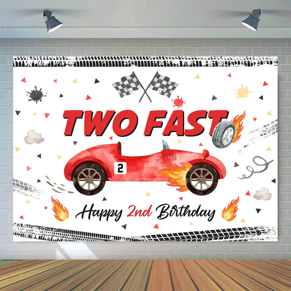 Mocsicka Two Fast Birthday Backdrop Boy Happy 2nd Birthday Party Decor Red Car Racing Background Custom Banner Studio Photoshoot