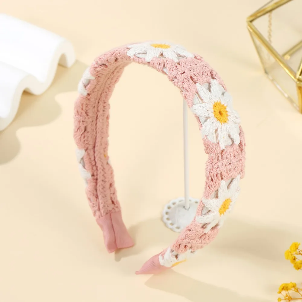 

Seaside Colorful Wide Floral Hair Hoop Soft Polyester Flower Hollow Headband Woven Sweet Bohemian Daisy Haiband Gifts