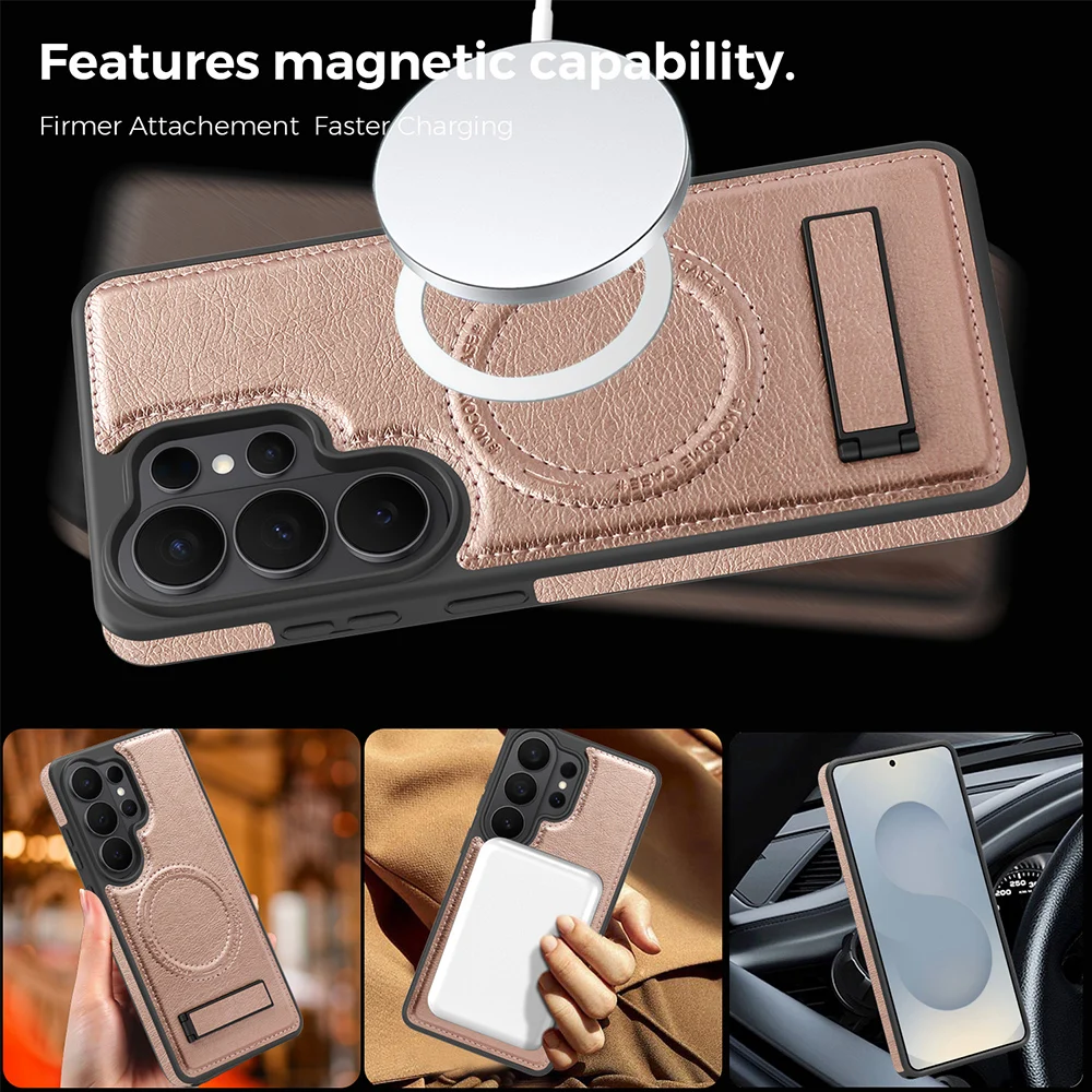 Magnetic Bracket Phone Case For Samsung Galaxy S26 S25 Ultra Plus S24 FE Edge 5G PU Leather Shockproof Cases Magnetism Charging - view 4