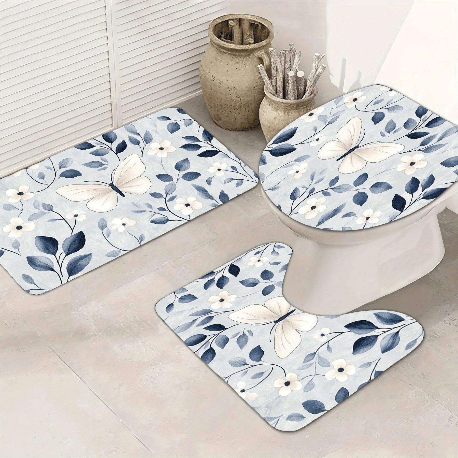 

Набор для ванной комнаты из 3 предметов с синим узором бабочки, U-образный коврик, нескользящий коврик, чехол на сиденье унитаза, подходит для украшения ванной комнаты.