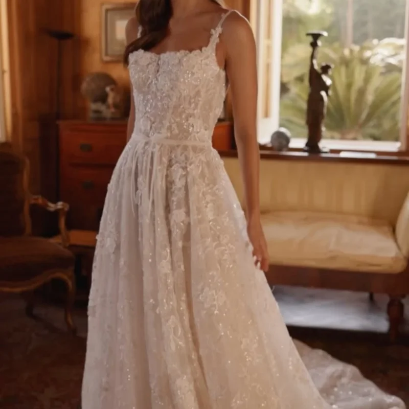 Shiny ivory white Appliques Wedding Dresses off-shoulder A skirt glitter flower decal Gowns Made wedding dress Customized