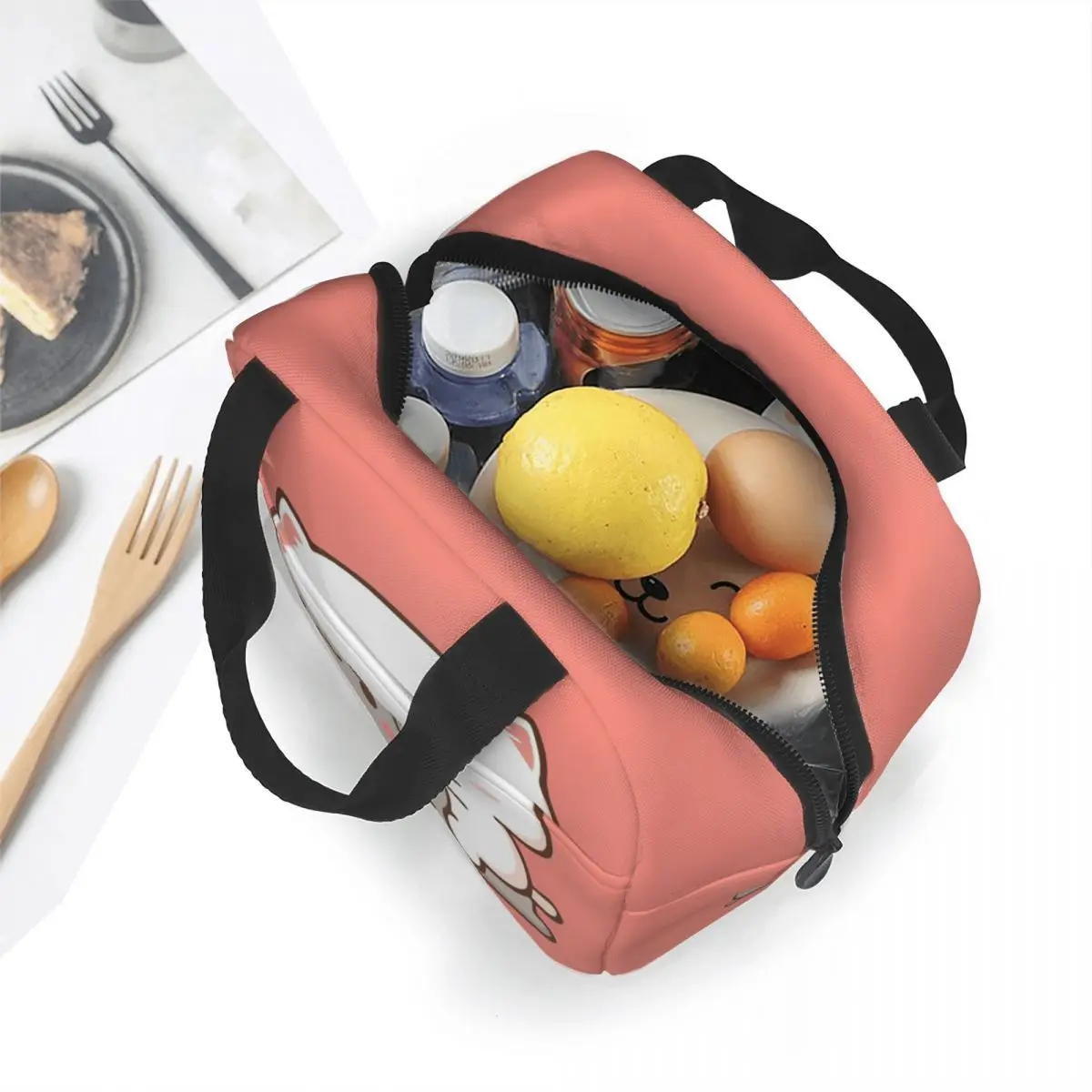 Peach And Goma Insulated Lunch Bag High Capacity Cute Mochi Peach Cat Lunch Container Cooler Bag Tote Lunch Box Beach Travel