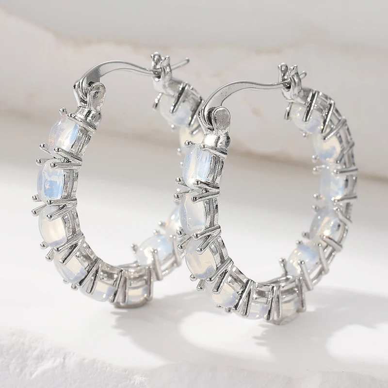 Charm Silver Color Small Hoop Earrings For Women Trendy Bridal Round Stone Wedding Earrings Cute Inlay White Opal Earrings
