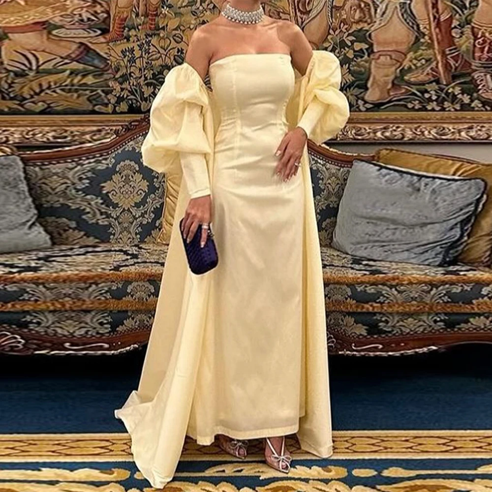 

Simple Light Yellow Customized Evening Dress Temperament Strapless Long Sleeves Shawl Prom Dresses Formal Occasion Gowns