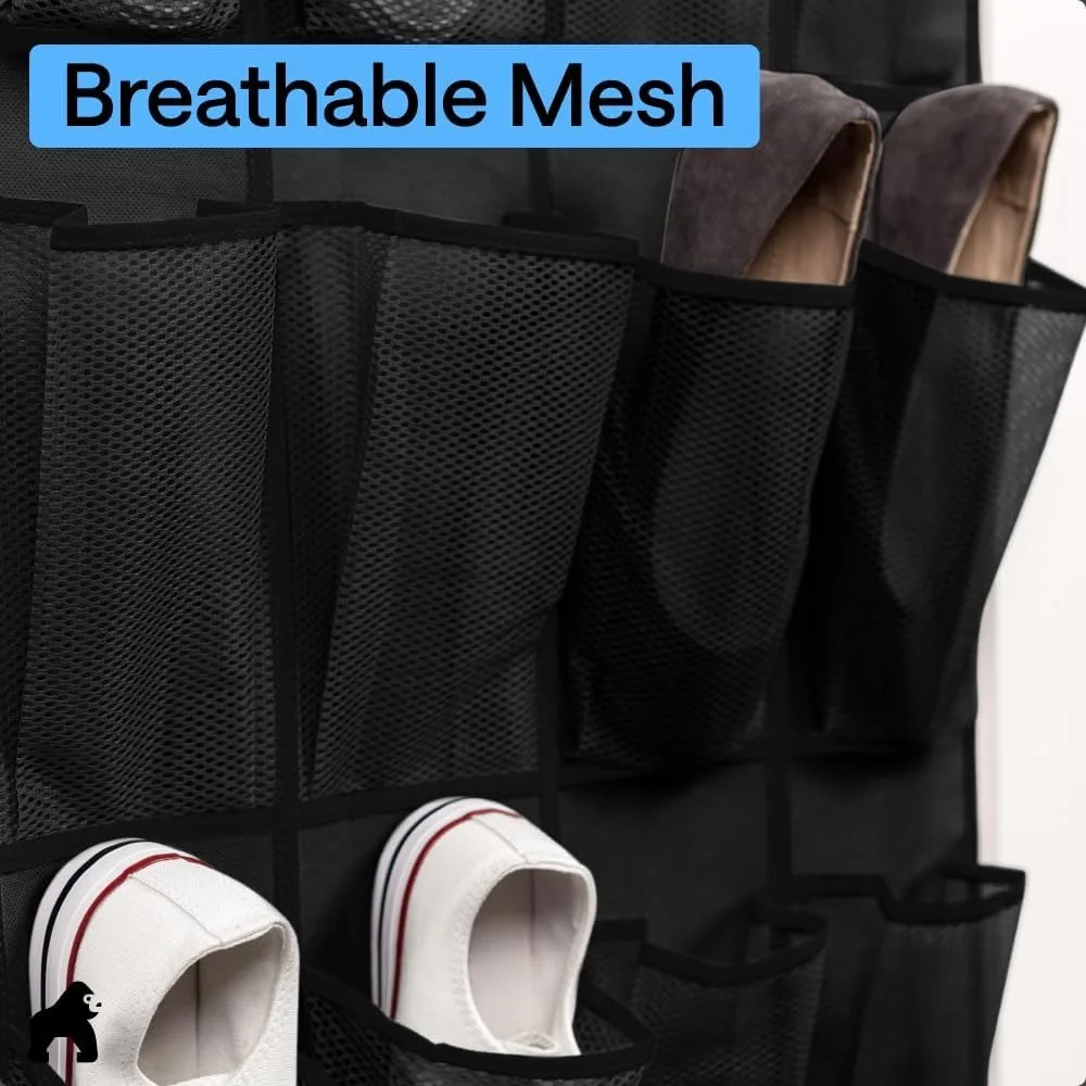 Over the Door Shoe Organizer, 2 Pack, 24 Breathable Mesh Pockets, Space Saving Hanging Storage Holder, Closet Rack Hanger Holds Up to 40 lbs, Hangs on Closets, Shoes, Accessories, Black view 5