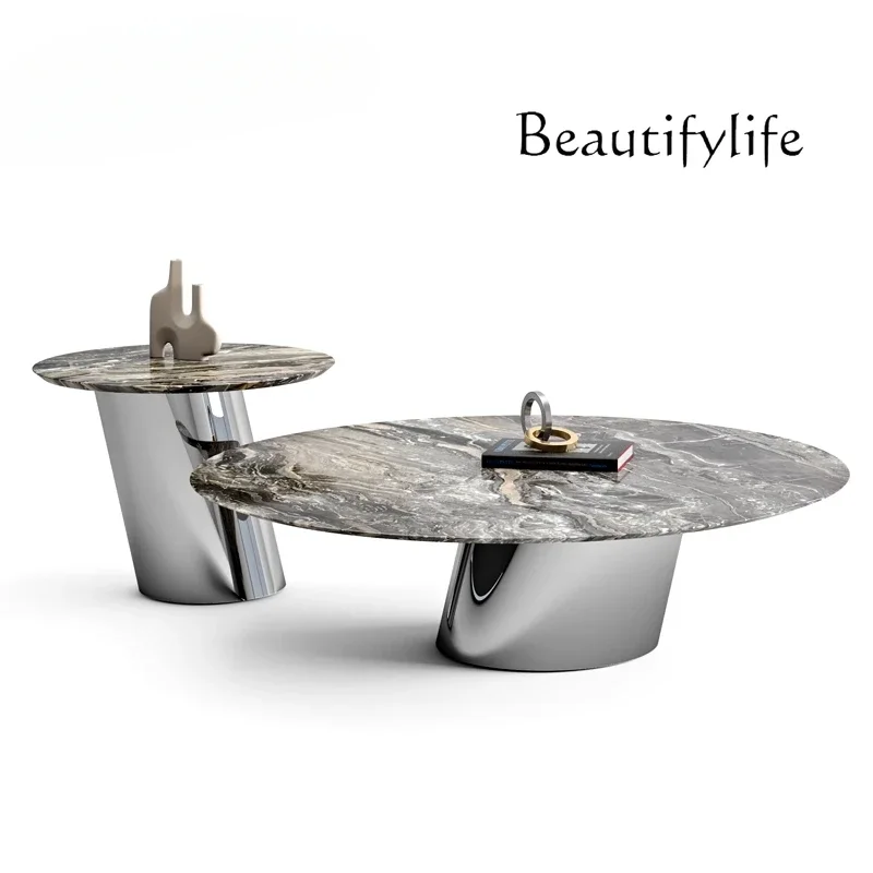 

Italian light luxury/brown natural stone + stainless steel, designer living room marble round coffee table