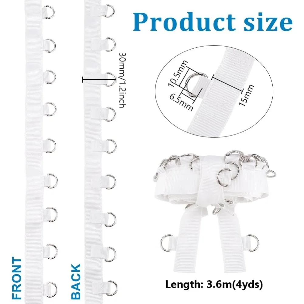 4 Yards White Wedding Zipper Replacement Adjustable Lace Up Corset Ribbon Laces with D Ring Adjustable Corset Back Kit
