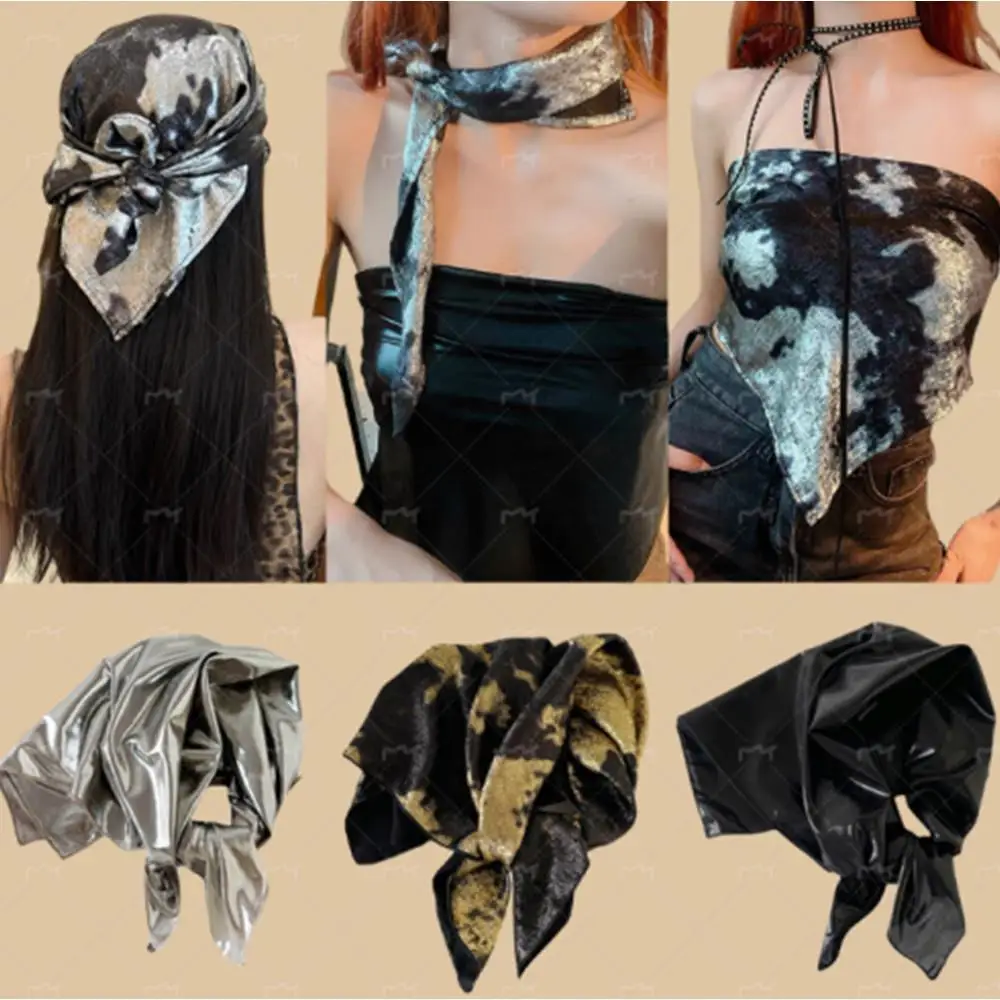 

Жидкий серебряный леопардовый шелковый ободок для горячих девушек, шарф для волос, тюрбан, тонкий шарф на шею, шаль для волос Y2K, накидка на грудь, хип-хоп, Hiarbands
