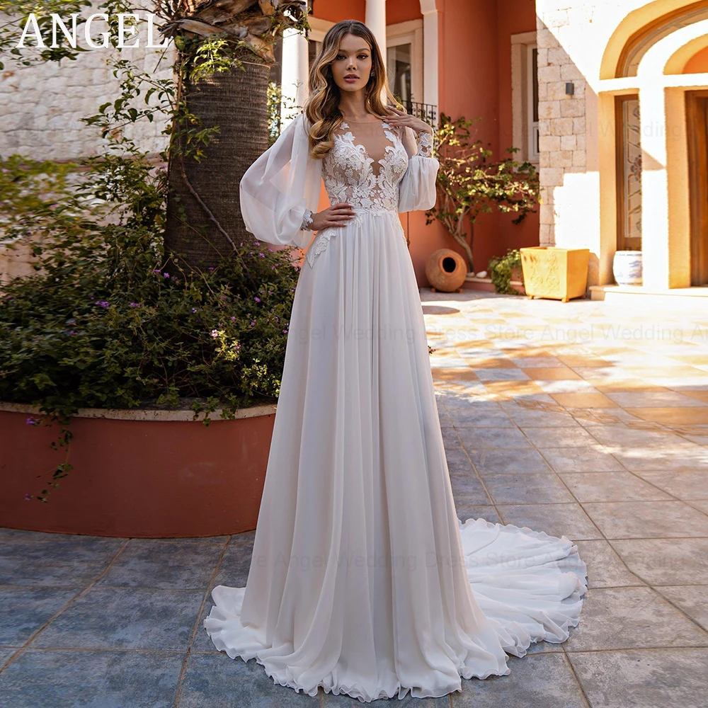 

ANGEL Modest A-Line V-Neck Chiffon Wedding Dress Elegant Appliques Button Bridal Gown Women Flowy Puff Sleeve Vestido De Novia