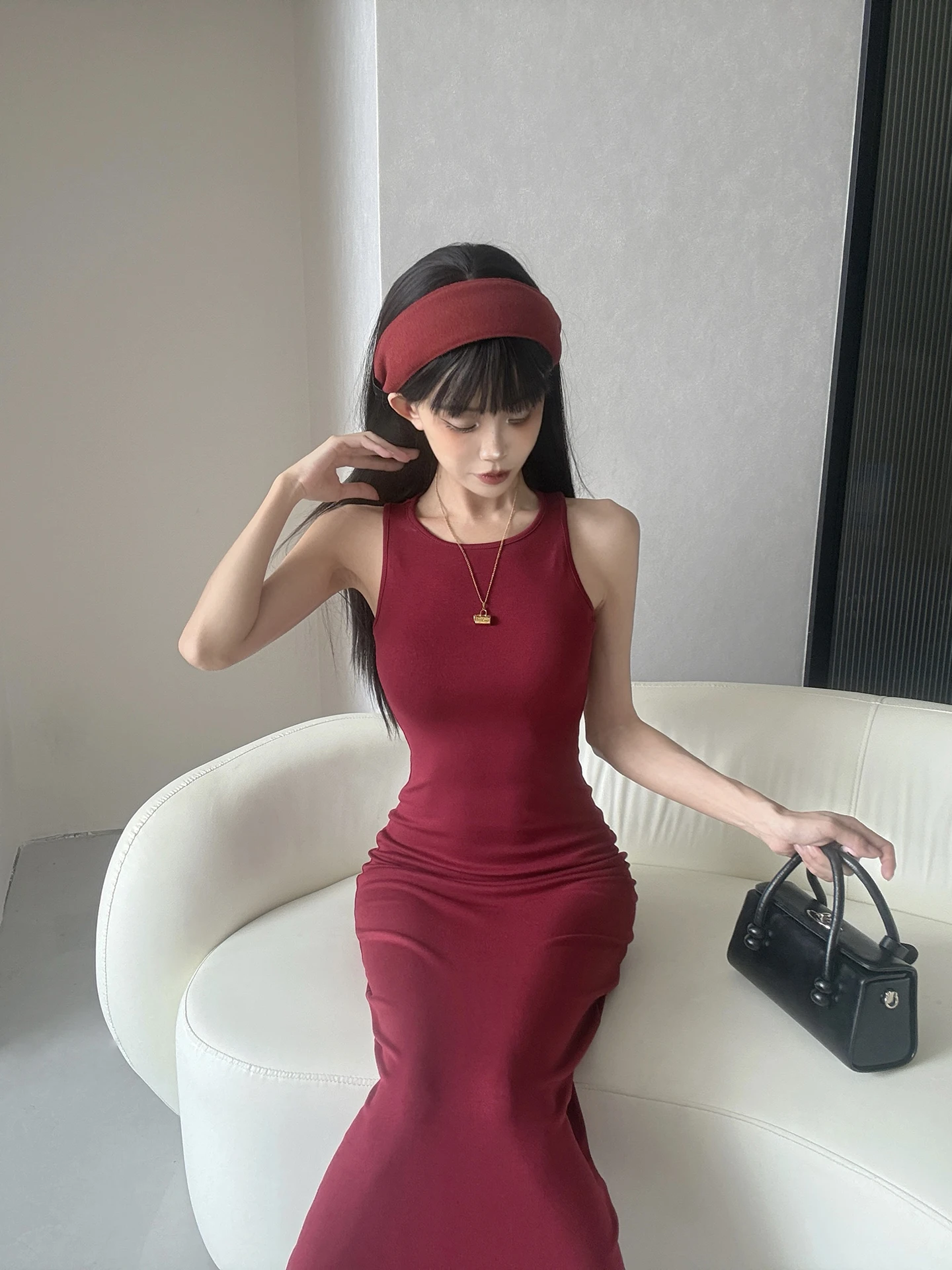 Minimalist Knitted Sleeveless round Neck Slim Fit Long Dress Curvy Beauty Sensation Dress Cotton Village Ladies Fashion