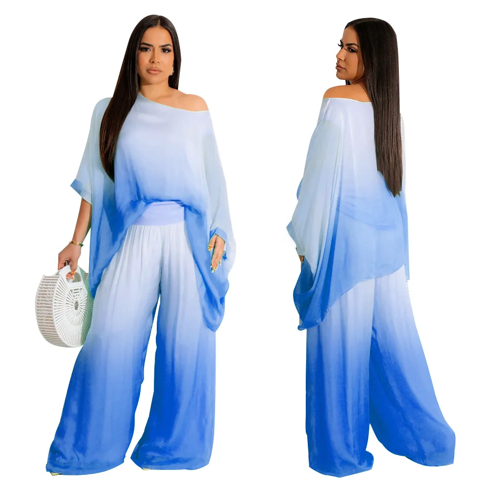 Fashion Women's Popular Bat Sleeve Chiffon Gradient Tie Dye Casual Outfits Set Dresses for 2023 Summer Long Boho Chic Maxi Dress