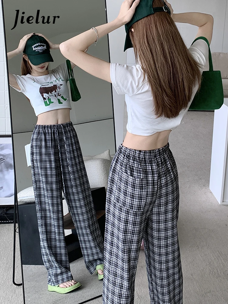 Jielur Spring Women's Lazy Checkered Casual Pants New Korean Edition Loose High Waist Fashion Women Versatile Straight Leg Pants