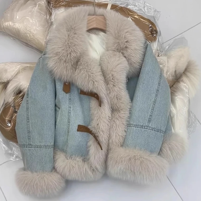 

Women Denim Coats Y2k Casual Jackets Squre Collar Long Sleeves Faux Fur Distressed Loose Open Stitch Slight Strech 2025 Autumn