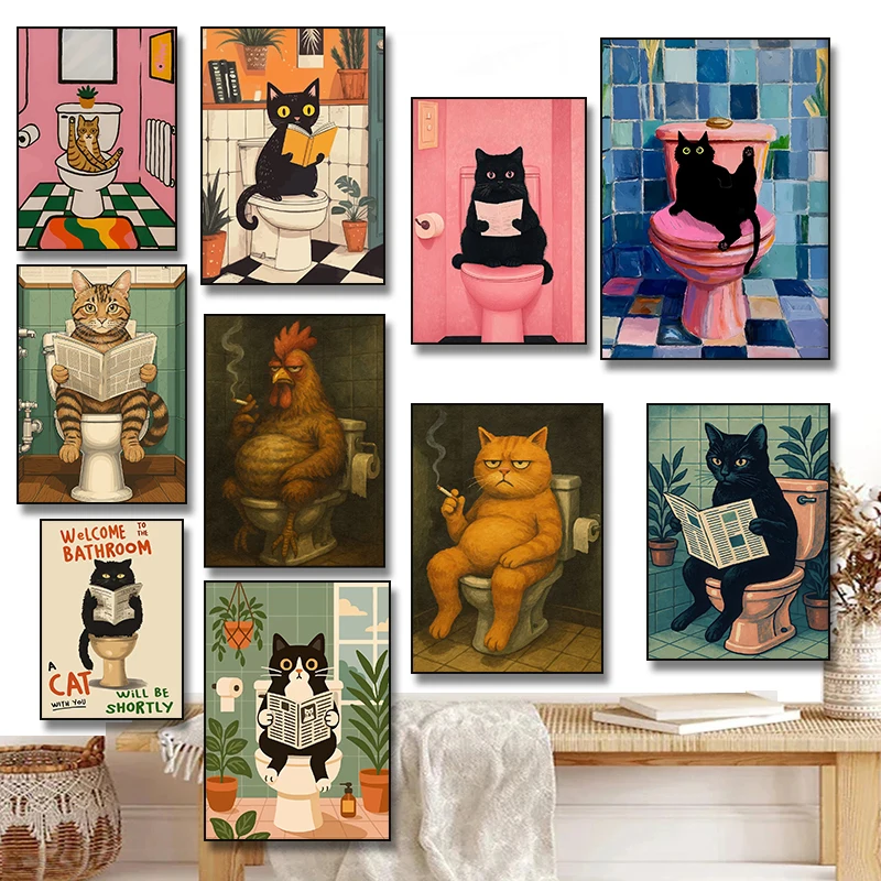 Lustiges Poster mit Schwarzer Katze, die auf dem WC liest, und Huhn, das raucht, Leinwanddruck Wandkunst für Badezimmerdekoration