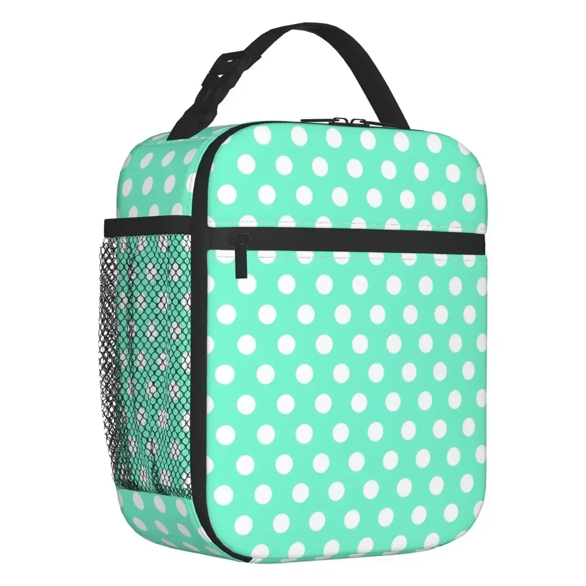 

White Polka On Mint Portable Lunch Box for Women Leakproof Thermal Cooler Food Insulated Lunch Bag Kids School Children