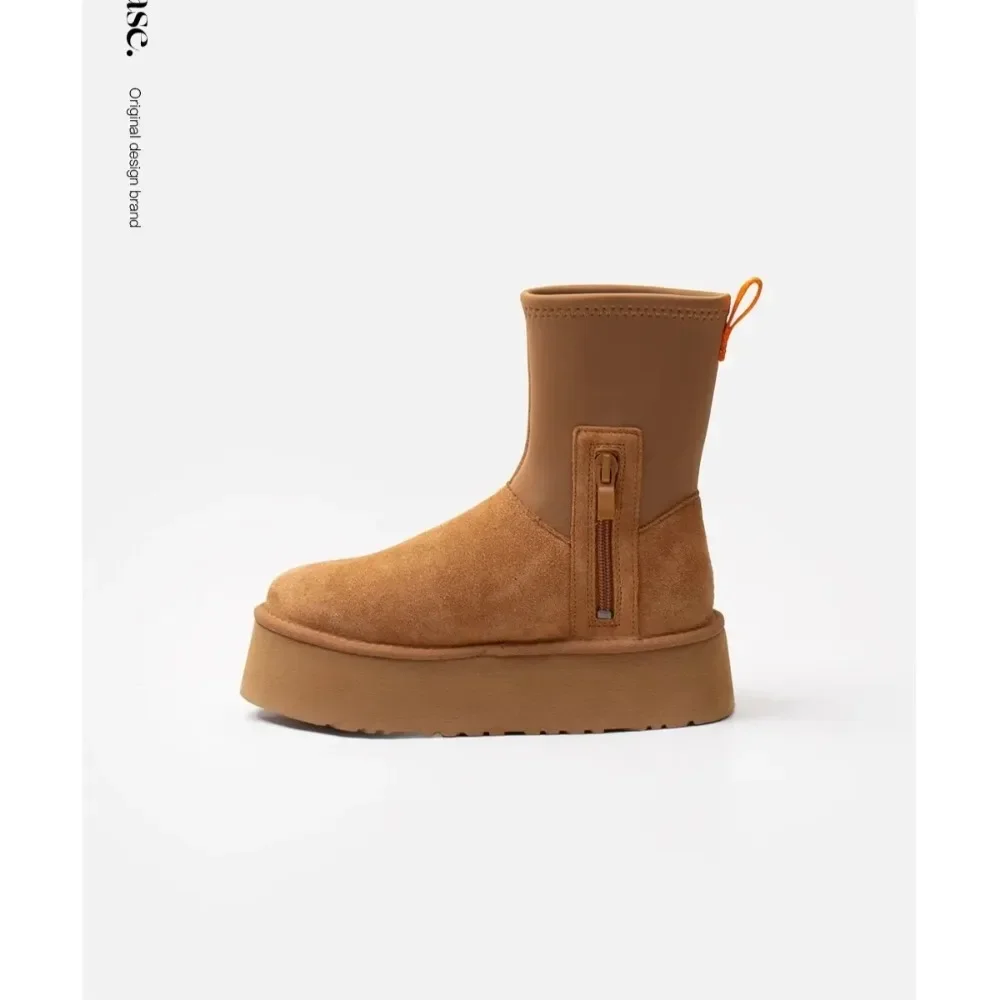 

2026 Женские эластичные короткие сапоги на толстом каблуке, зимние сапоги из овчины с мехом, зимние модные сапоги, сапоги выше колена с круглым носком