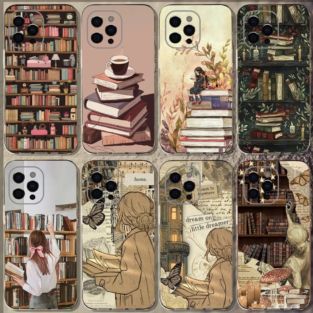 

Reading Bookshelf Girl Phone Case For iPhone 15,14,13,12,11 Plus,Pro,Max,XR,XS,X,7,8 Plus,SE,Mini Transparent Soft Cover