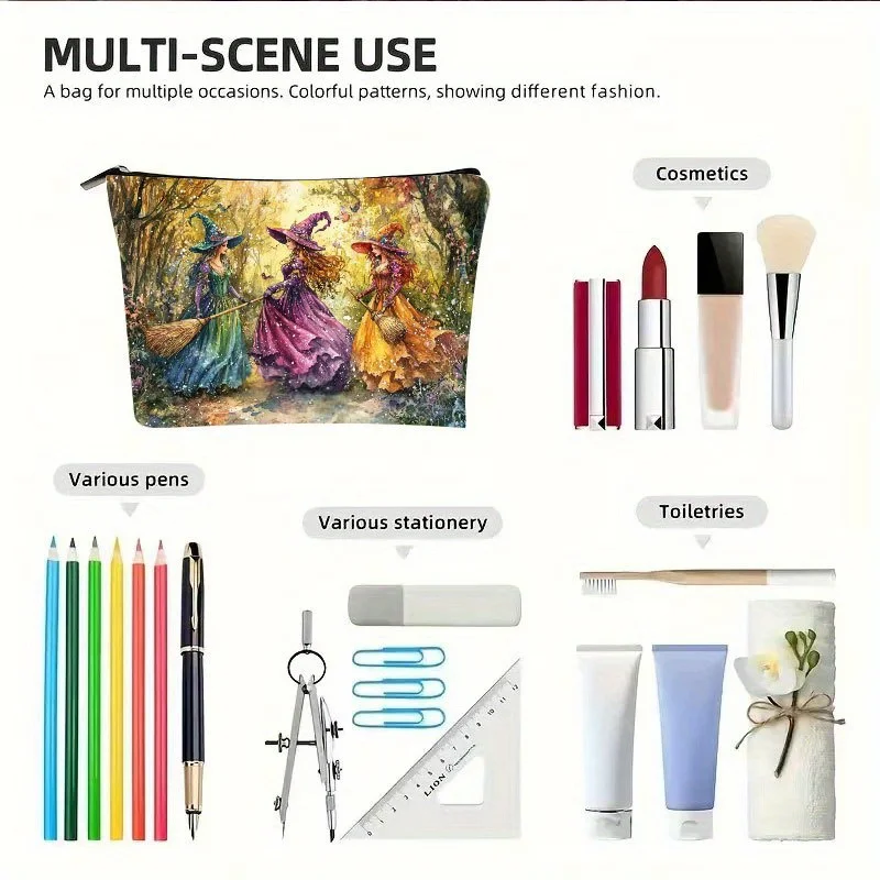 Retro Witch Resin Makeup Bag with Vibrant Autumn Forest Design, Secure Zipper Closure, Multi-Functional Travel bag