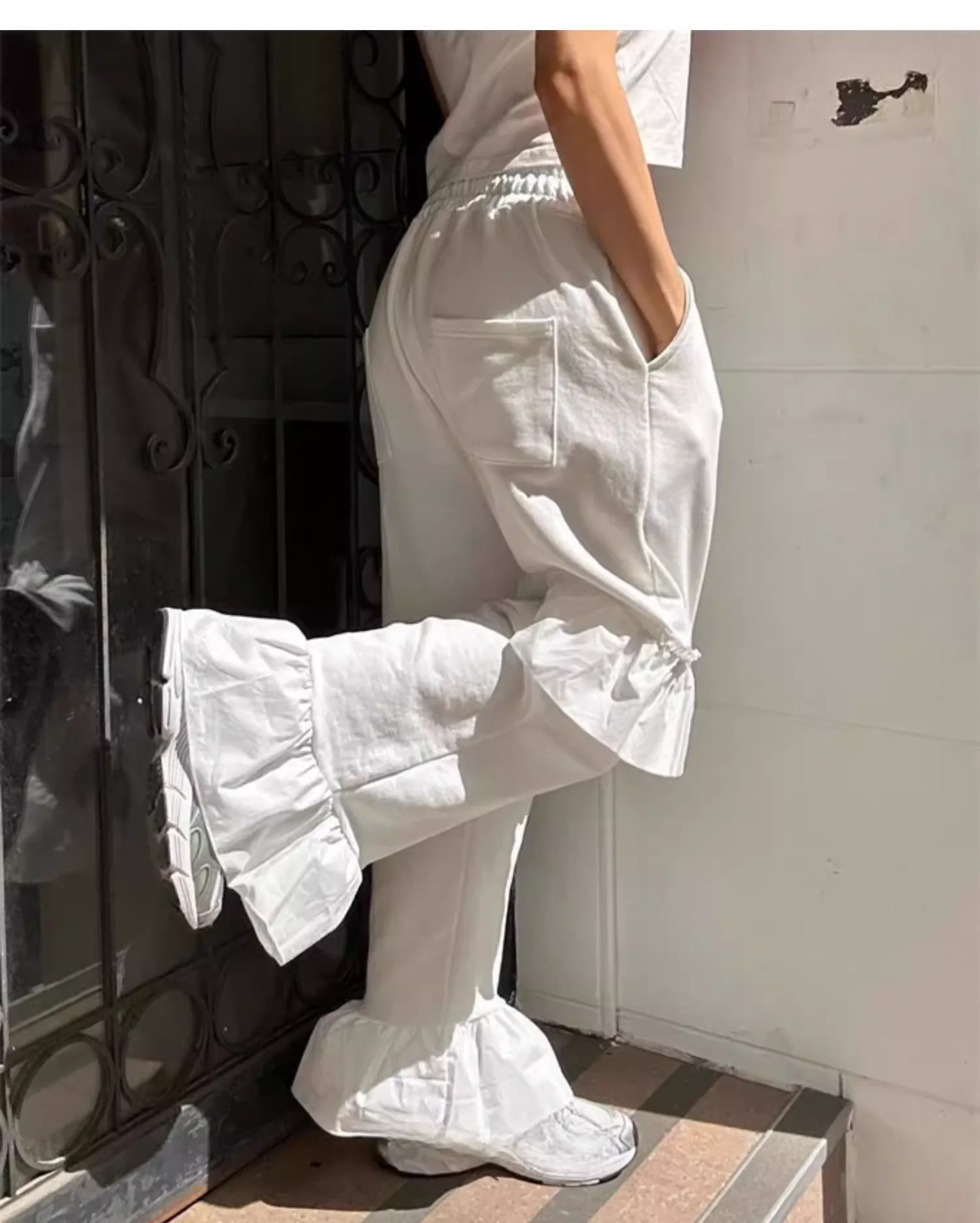 Korean Street Chic Ruffles Personalized Elastic Waist Loose Leisure Pants Versatile Age Reduction Solid Color Straight Trousers
