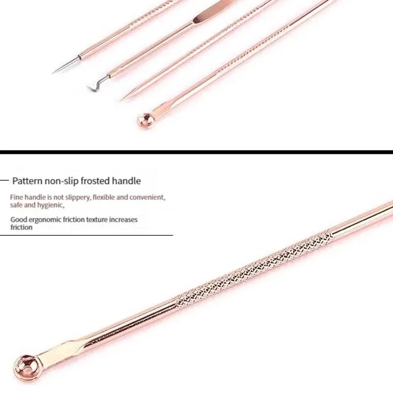 Rose Gold 4 Pcs Plating Double Head Acne Needle Black Head Removal Needle Portable Beauty Tool Set