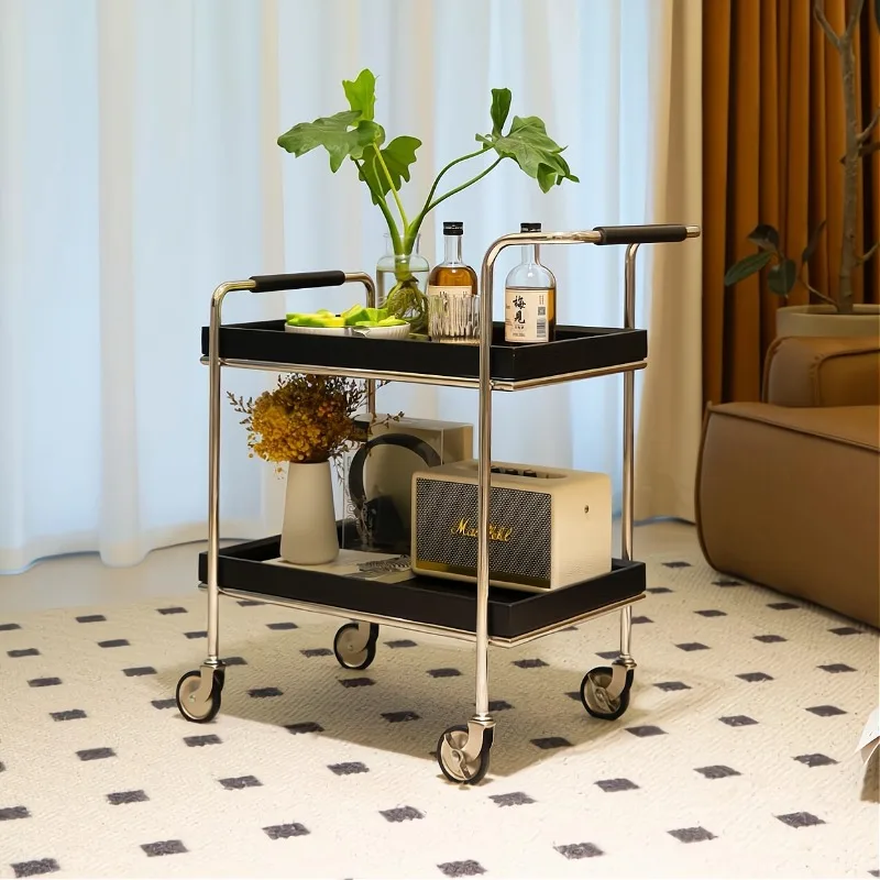 Mid-century Solid Wood Tea Table Mobile Living Room Storage Organizer Rolling Kitchen Trolley