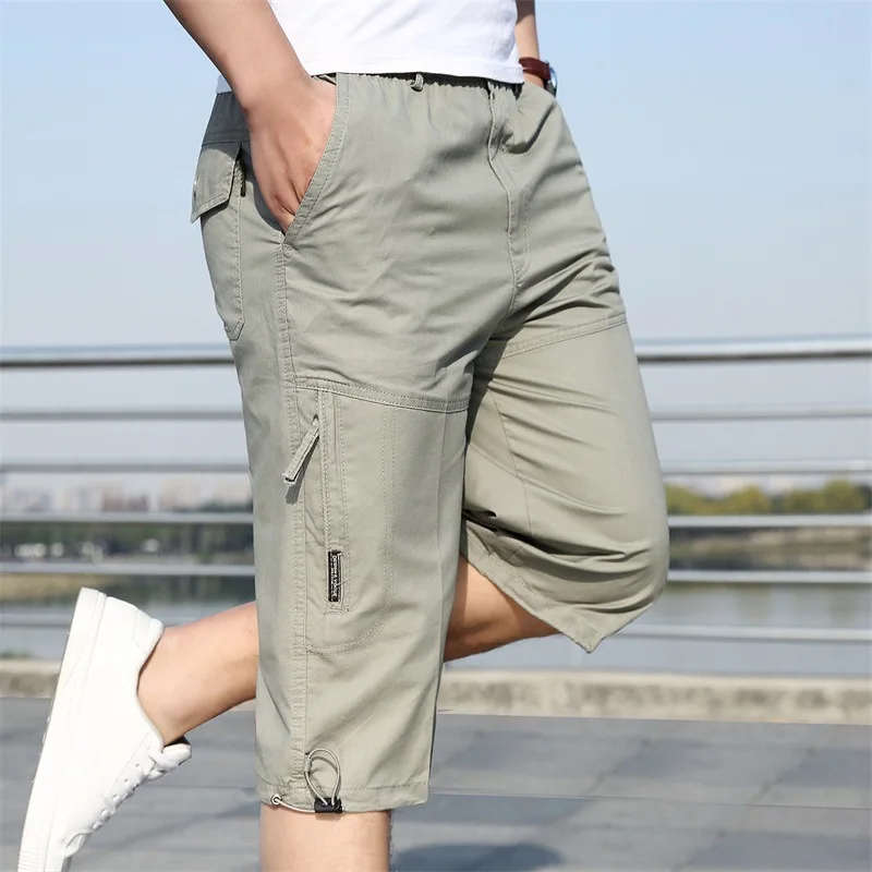 

Summer Men's Baggy Multi Pocket Military Zipper Cargo Short Hot Breeches Long Army Green Khaki Bermuda Male Capris Plus Big Size