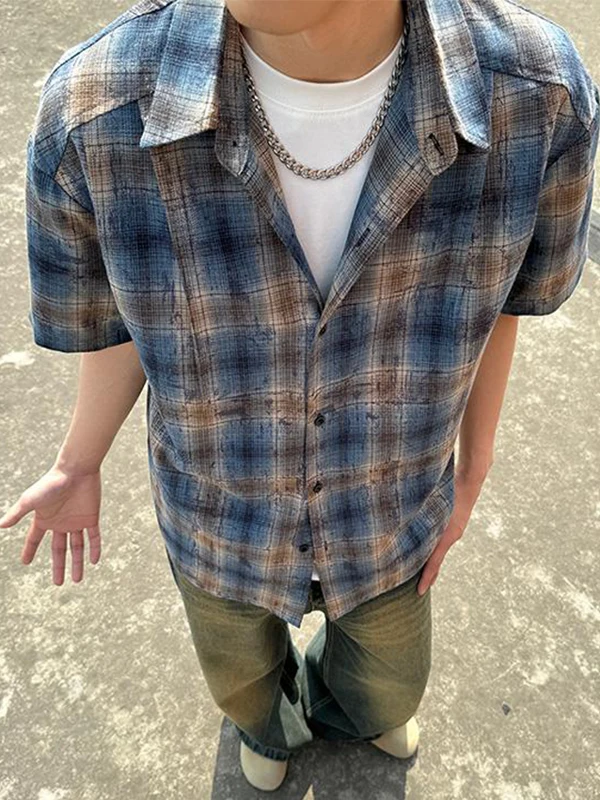 

Retro American Dyed Plaid Men's ort Sve Vintage irt Five-Point f Sve Cheered irt Youth Faion Summer Wear