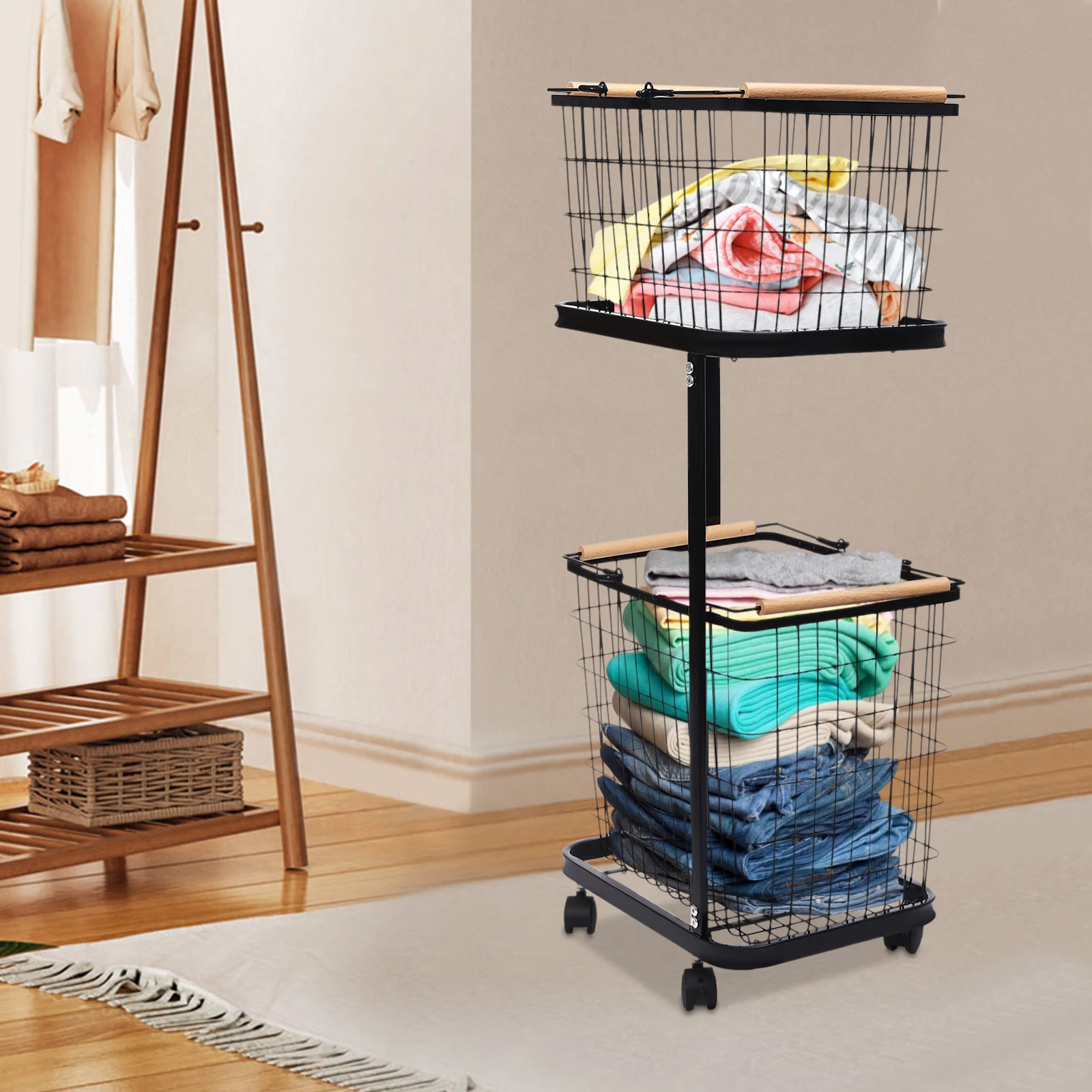 2 Tier Laundry Basket Floor Mount Metal Laundry Basket with Wheels Versatile Applications Dirty Clothes Storage