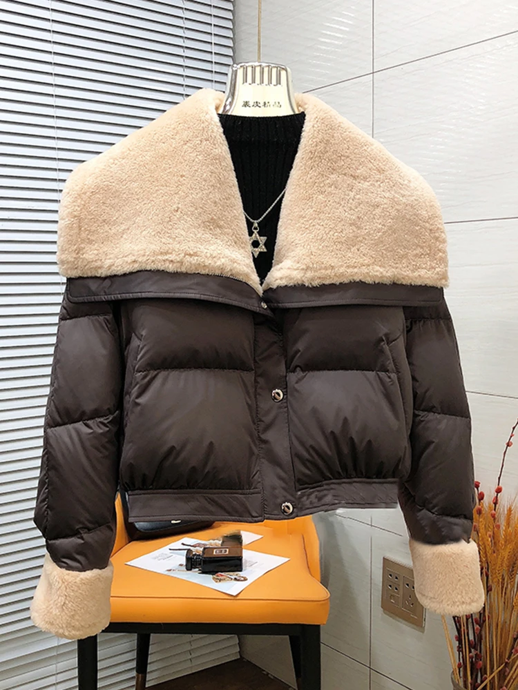 2025 Winter Warm Women's Coat Thick Goose Down Jacket Real Big Merino Sheep Fur Collar Jacket Female Streetwear