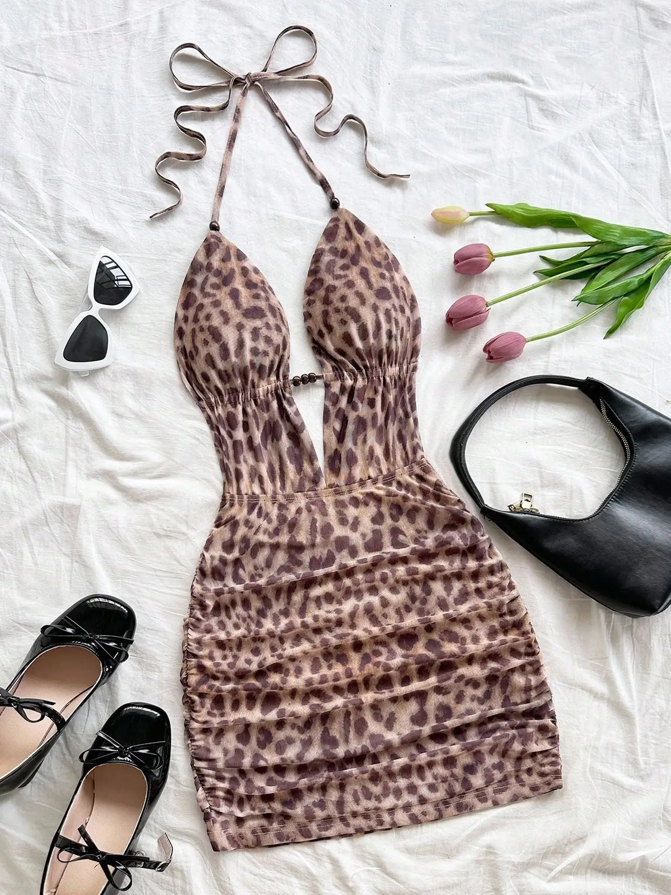 

Womens Deep V Halter Tie Back Ruched Bodycon Mini Dress For Party Date Beach Vacation