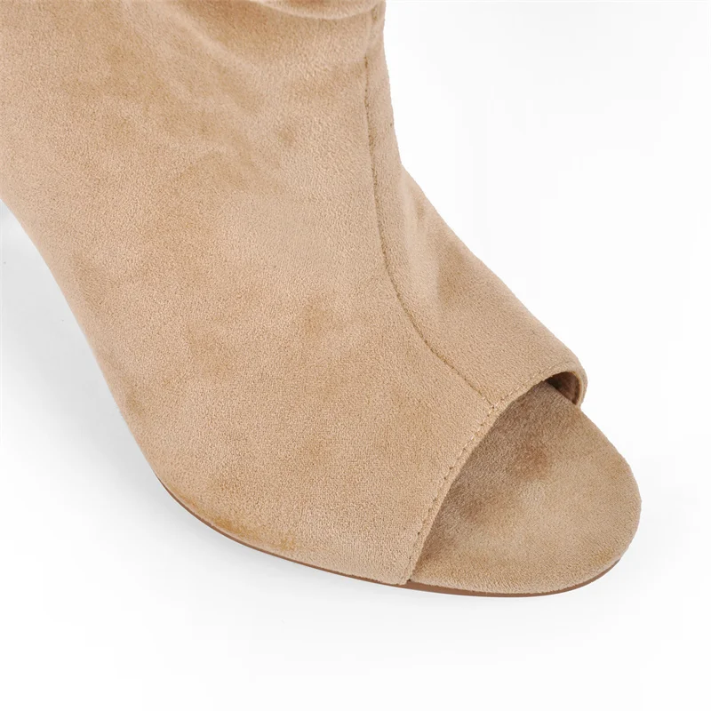Onlymaker Women Peep Toe Pleat Slouch Knee High Boots Stiletto Heel Faux Suede Dress Boots Fall Winter Open Toe Fashion Boots image 6