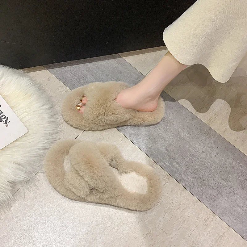 

Home Slippers Women's Platform Shoes Female Lady Fur Flip Flops Slides 2024 Soft Plush Cotton Indoor Winter Flats Mujer Zapatos