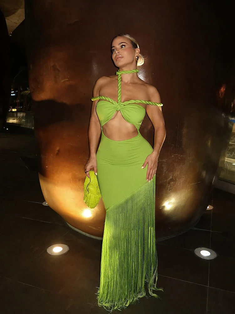 Seltsame Puss Quaste Saum Sexy Party Kleid Frauen Zopf Slash Neck Knoten Wrap Elegante Chic Y2K Unregelmäßige Dünne Stretch Maxi Bodycon