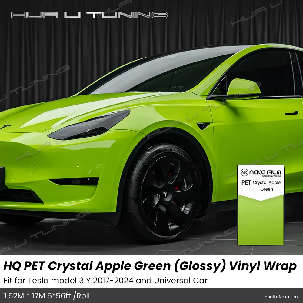 

Glossy Crystal Apple Green Vinyl Wrap For Tesla Model 3 Y 2017-2024 LowTack 1.52*17M/Roll 5x56ft Air Bubble Free PET Auto Film